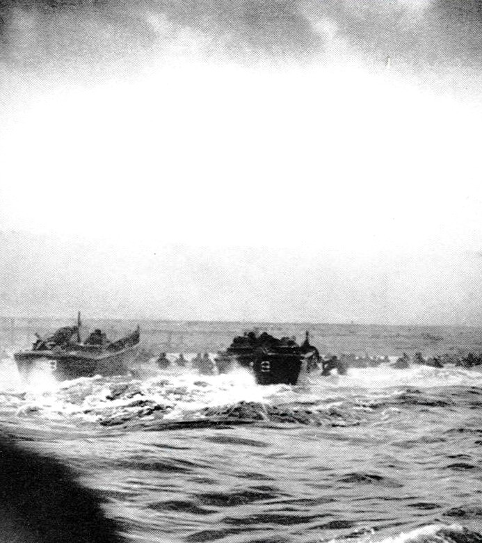 Landing craft of the U.S. 29th Division heading for Omaha Beach